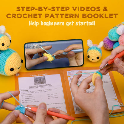 Crochetta Crochet Kit for Beginners, Beginner Crochet Starter Kit with Step-by-Step Video Tutorials, Beginner Crochet Kit for Adults Kids, Knitting Kit for Beginners, Bee Family (Yellow)