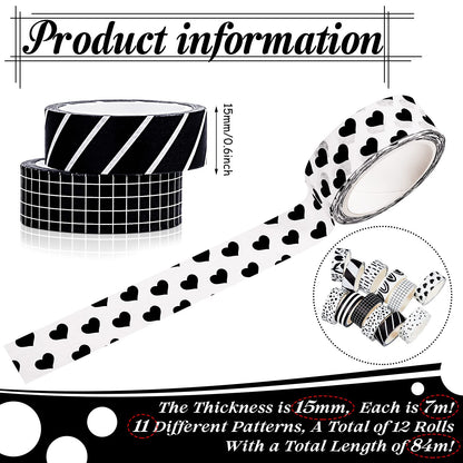 Outus 12 Rolls Washi Tape Set Black White Paper Thin 15 mm Wide 7 Meters Long Decorative Craft Adhesive Masking Tape Washi Tape Black White Strip for DIY Wrapping Decoration (Stylish Style)