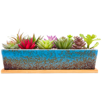 Succulent Pots - 12.1 Inch Large Succulent Planters Pots with Drainage Tray, Long Rectangle Ceramic Pot for Indoor Cactus/Succulent Plants Shallow Bonsai Window Box for Home Garden Decor (Blue)