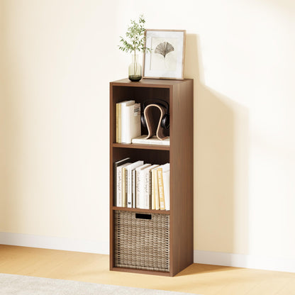 IOTXY DIY Modular Cube Bookcase - CubeXY Customizable Stackable Expandable Basic Shelving Units, 3-Cube Wooden Open Bookshelf for Fabric Storage Bin Organizer, Walnut