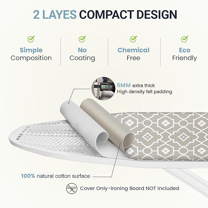 Ironing Board Cover and Pad 15"x54" Extra Thick Natural Cotton, Scorch and
