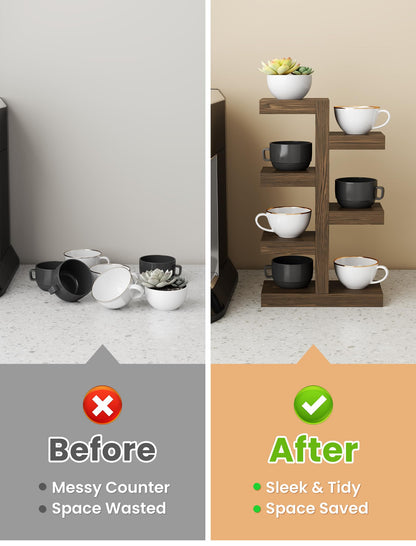 NiHome Coffee Mug Shelf Organizer - Vintage Distressed Wood Countertop Coffee Cup Holder, Holds 7 Mugs, Sturdy Mug Rack with Non-Slip Feet, Mugs Display Shelf, Curio Shelf, Knick Knack Shelf