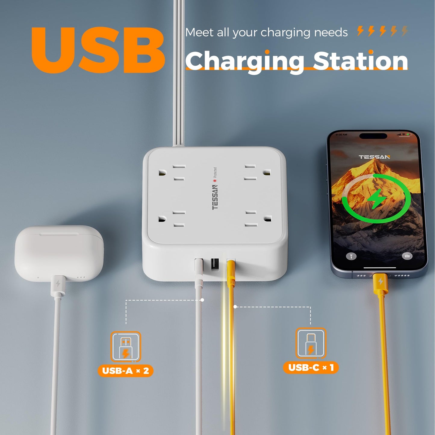 TESSAN Surge Protector Power Strip, 5 Ft Flat Plug Extension Cord with 3 USB (1 USB C) 8 Outlets, 900J Surge Protection, 3 Sided Outlet Extender with Power Switch for Office, Dorm Room Essentials