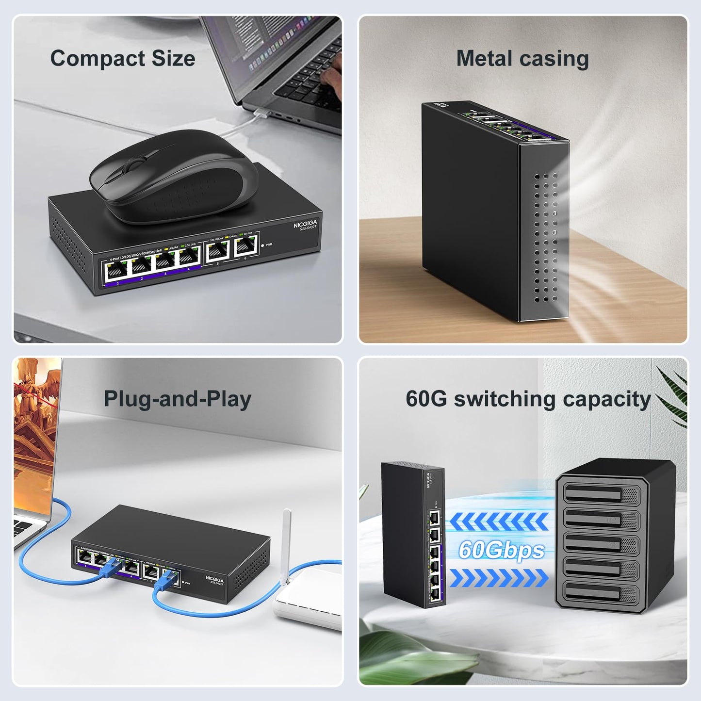 10Gbe Ethernet Switch Unmanaged with 2 x 10Gb RJ45 Ports ➕ 4 x 2.5Gb Base-T Ports, Desktop/Wall Mount NICGIGA 6 Port 10Gbps Network Switch for Wireless AP, NAS, PC