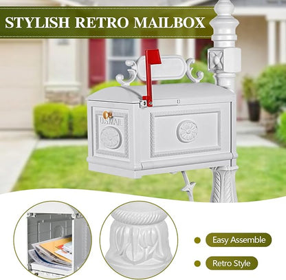 Polar Aurora Barcelona Decorative Post Mailbox Combination Stratford Heavy Duty Postal Mail Box Cast Aluminum(White)