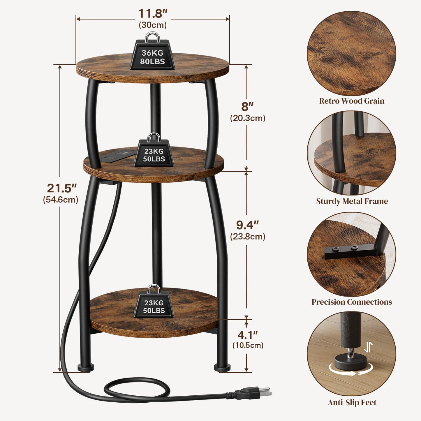 Yuede Round Side Table with Power Outlet & USB Ports, 3-Tier End Table with Storage Shelf, Modern Rustic Nightstand, Small Spaces Accent Table for Living Room Bedroom, Easy Assembly, Rustic Brown