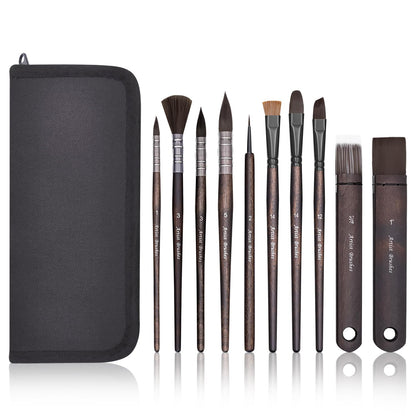 10 Pieces Paint Brush Set, Artist Series, Nylon Bristles with Round, Flat, Fan, Angle, Detail Brush, Suitable for Artists and Beginners for Acrylic Painting, Oil, Watercolor, Gouache(Black)