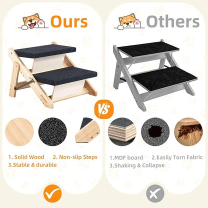 MEWANG Wood Pet Stairs & Ramp for Small/Medium Dogs and Cats, Aging Pets – 2-in-1 Foldable, Portable, Non-Slip Pet Ladder for Tall Beds, Couches,Cars–Holds Up to 220 lbs (17.3" L x 17.2" W x 13.0" H)