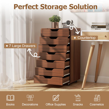 Giantex 7-Drawer Storage Cabinet, Mobile File Organizer with 4 Universal Casters, Wooden Vertical Filing Cabinet on Lockable Wheels for Office, Study, Living Room (19” x 15.5” x 34.5”,Walnut)