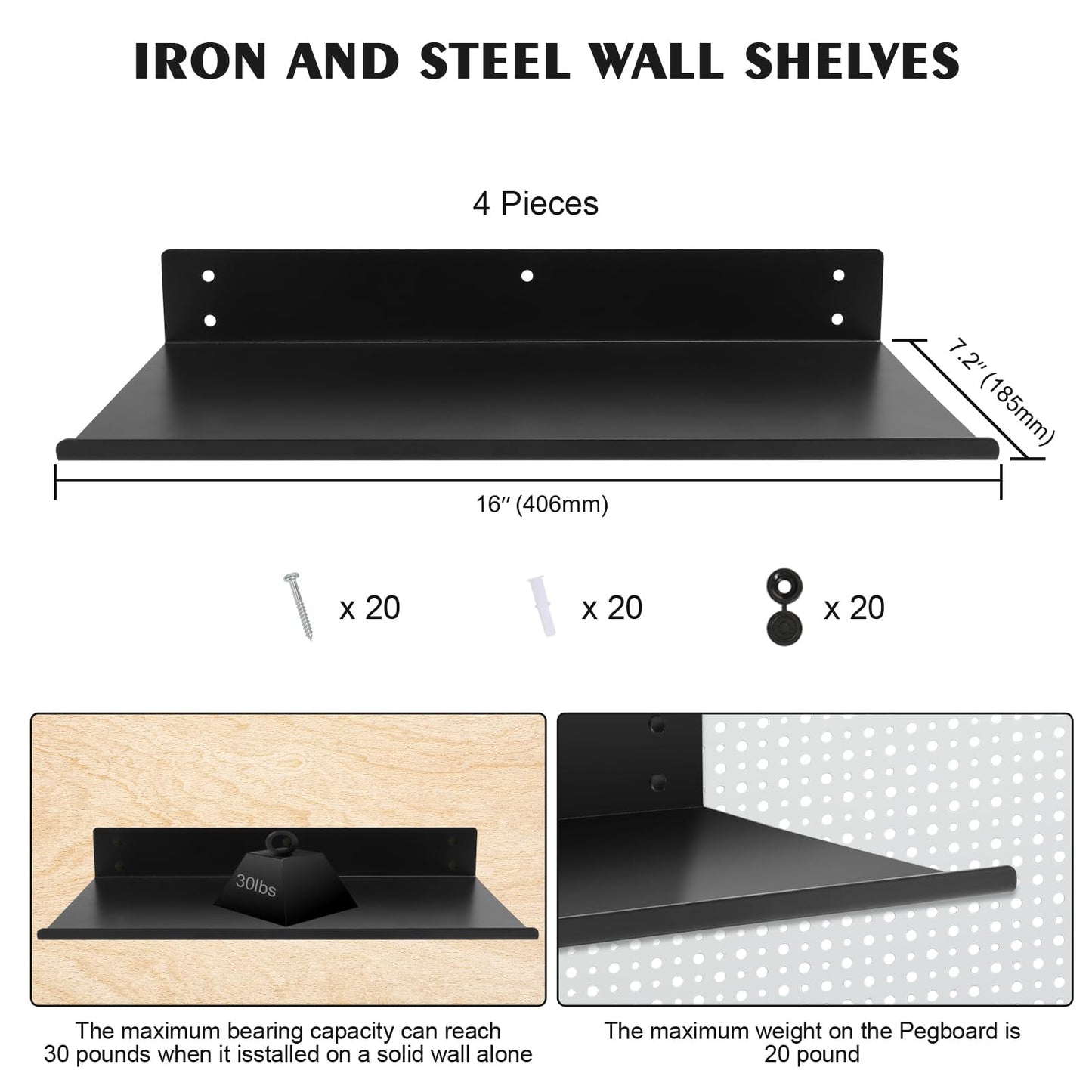 Daanxw Heavy Duty Pegboard Steel Shelves,Can Be Used for Walls or Pegboards,Floating Steel Shelves for Wall,Pegboard Shelf,Suitable for Bathroom,Bedroom,Kitchen and Garage,16 x 7 inch(4 Packs Black)