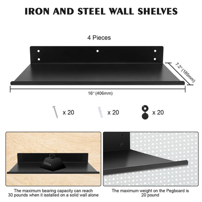 Daanxw Heavy Duty Pegboard Steel Shelves,Can Be Used for Walls or Pegboards,Floating Steel Shelves for Wall,Pegboard Shelf,Suitable for Bathroom,Bedroom,Kitchen and Garage,16 x 7 inch(4 Packs Black)