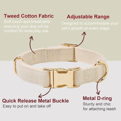 Soft Cotton Hemp Dog Collar with Metal Buckle Adjustable Tweed Dog Collars for Small Medium Large Dogs(Beige,Large)