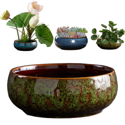 SnuggleTail Lotus Flower Bowl Planter 6.6" Round Pot– Ceramic Shallow Succulent & Water Lotus Pot – Wide Low Ceramic Bowl for Bonsai Indoor Decor