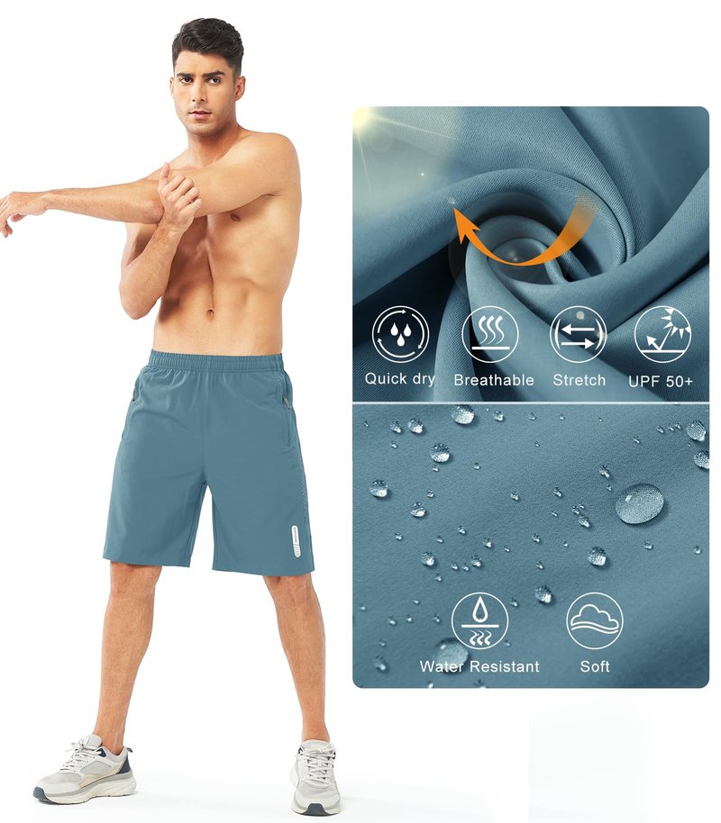 NORTHYARD Men's Athletic Running Shorts Gym Workout 7"/9"/5" Quick Dry Lightweight Sports Basketball Tennis 3 Zipper Pockets GREYBLUE-9inch M