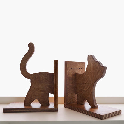 Decorative Bookends for Shelves, Cat Wooden Book Ends for Heavy Books, Reading Decor Bookshelf Decor for Office & Bedroom, Anti-Slip Base Book Holders, Book Lovers Gift