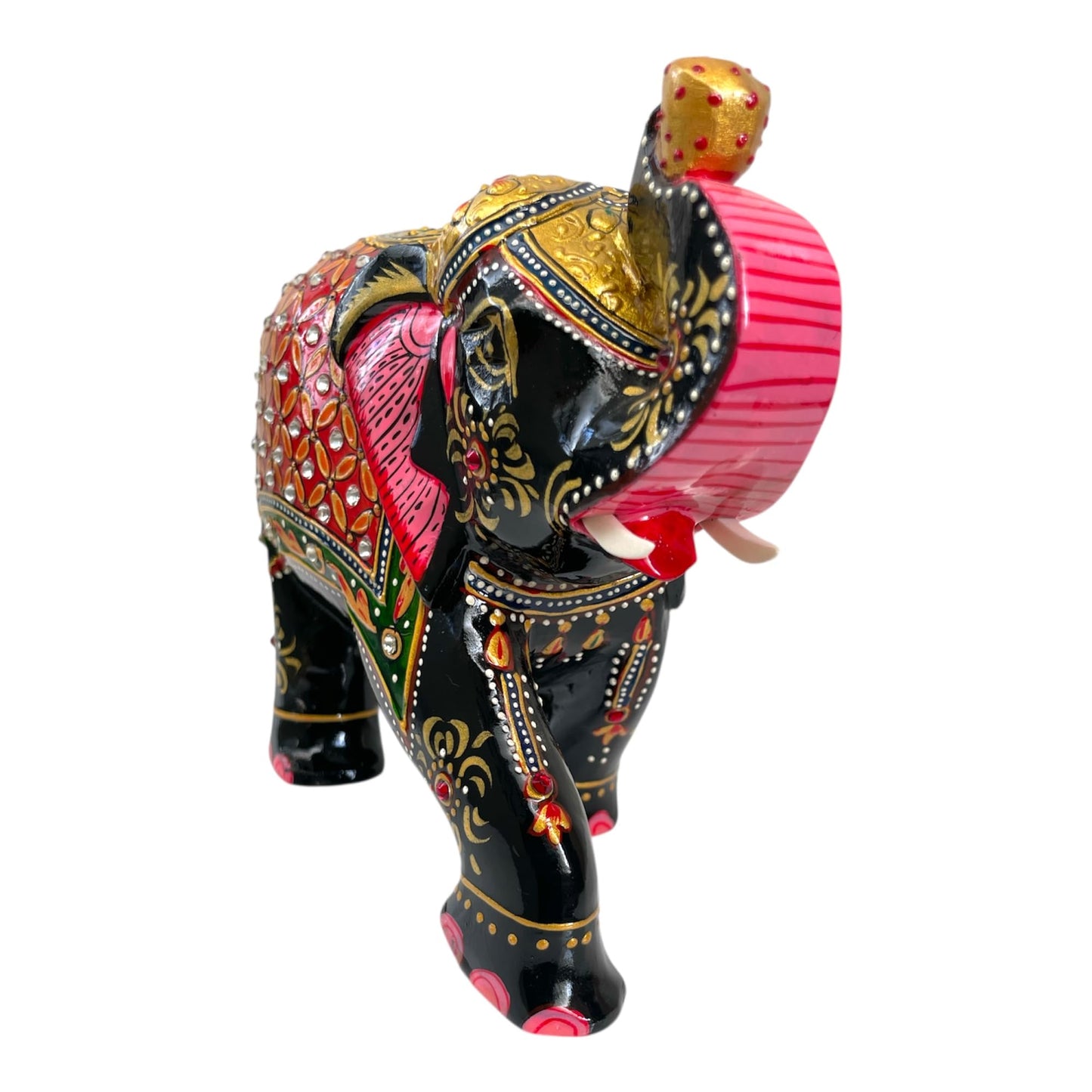 Modern Handcrafted Wooden Elephant Figurine – Trunk up Design with Gemstone Accents | Artistic Decorative Elephant Statue for Home Decor, Office, Gifts – Symbol of Protection & Wisdom (Black & Gold)