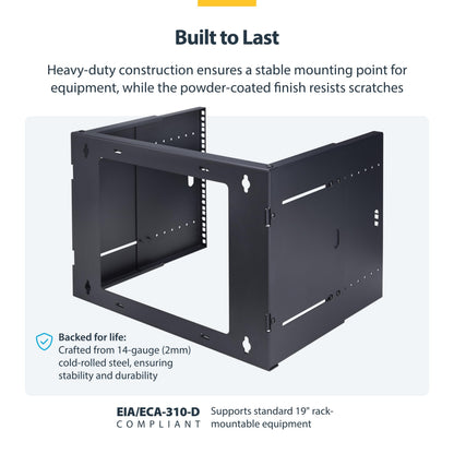 StarTech.com 2-Post 8U Wall Mounted Rack, Adjustable Depth up to 16in, for 19-inch Server/Data/Networking Equipment, Max 88lb