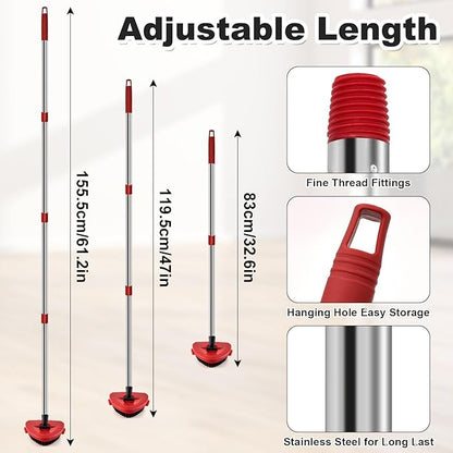4 Part Stainless Steel Spin Mop Handles, Mop Base & Upgrade Scrub Brush Combo