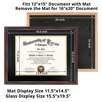 GraduationMall 12x15 Diploma Frame with Black over Gold Mat or Display 16x20 Certificate without Mat,Solid Wood & Tempered Glass,Cherry Finish with Gold Trim