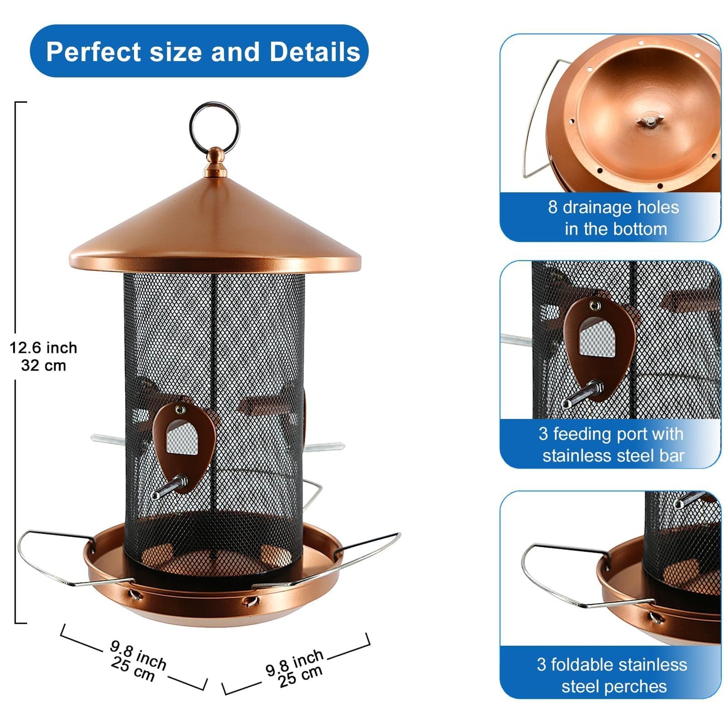 Philodwell Large Bird Feeders for Outside: 12.6inch Metal for Outdoors Hanging with Copper for Garden Yard Outside Decor Cardinal Finch - Gardening Gifts for Women Men