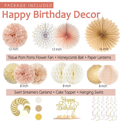 Champagne-Gold Beige Birthday Decorations for Women Girls,Cream Neutral Balloons Décor,Happy Banner,Boho Peach Paper Lanterns Tissue Pom Poms Fan,Anniversary Princess Backdrop Party Supplies