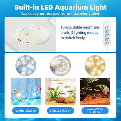 Fish Tank Betta 2.5 Gallon Desktop Small Beta Fish Aquarium Starter Kit with 25W Heater LED Light and Mini Water Pump & Filter Media Compact Aquarium for Betta Fish, Shrimp(White)