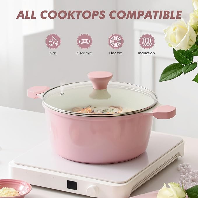 SENSARTE Ceramic Nonstick Stock Pot with Lid, 7 Quart Induction Cooking Pot with Tempered Glass Lid, Stew Pot for Soup and Oatmeal, Pasta Casserole, PFOA PFAS PTFE Free, Pink