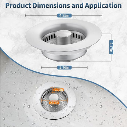 Sink Drain Strainer, Stainless Steel 3-in-1 Pop-up Sink Stopper