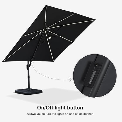 PURPLE LEAF 10 Feet Patio Umbrella with Base Outdoor Cantilever Solar Powered LED Square Umbrella Aluminum Offset Umbrella with 360-degree Rotation for Garden Deck Pool Patio, Grey