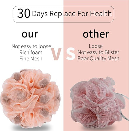 BCKENEY Bath Loofah Shower Sponge Body Back Scrubber Soft Mesh Shower Puffs Exfoliating Loofa for Women & Men Bath Accessories Cleaning Tool (4Pcs 60G Shower Puffs, Luxury)