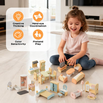 Peccvon 35PCS Wooden Dollhouse Furniture Set with Dolls for 5 Rooms Kits, Doll House Accessories Furniture Toys for Toddlers, Pretend Play Toys Christmas Birthday Gift for Girls and Boys, 3+