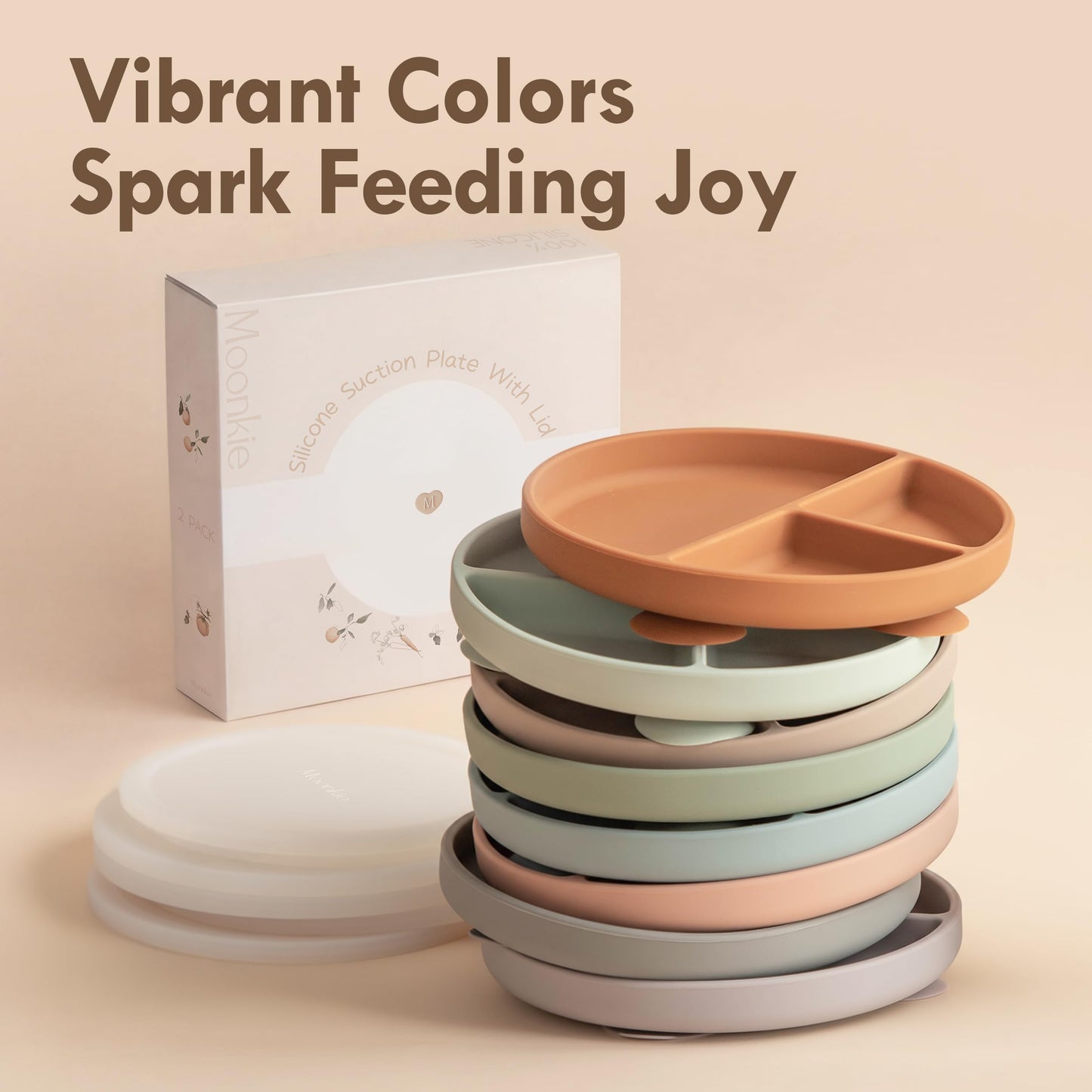 Moonkie Suction Plates for Baby | 100% Silicone BPA-Free Baby Plates with Lids and Food Cover | Divided Design | Microwave and Dishwasher Safe | Toddler Plates 3 Pack