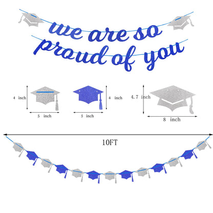 Navy-Blue White-Silver Party-Decoration Graduation Banner - 8pcs Kits Cap Garland Streamers, Paper Tissue Pom Poms Flowers,We are So Proud of You Congratulations Grad 2026 Decor Lasting Surprise
