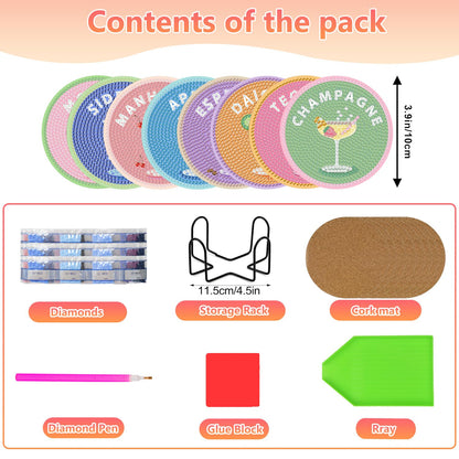 8 Pcs Cocktail Diamond Art Coasters Kit for Adults, Cocktail Diamond Painting Coasters with Holder, 5D Gem Art DIY Crafts Diamond Dots for Gift Life
