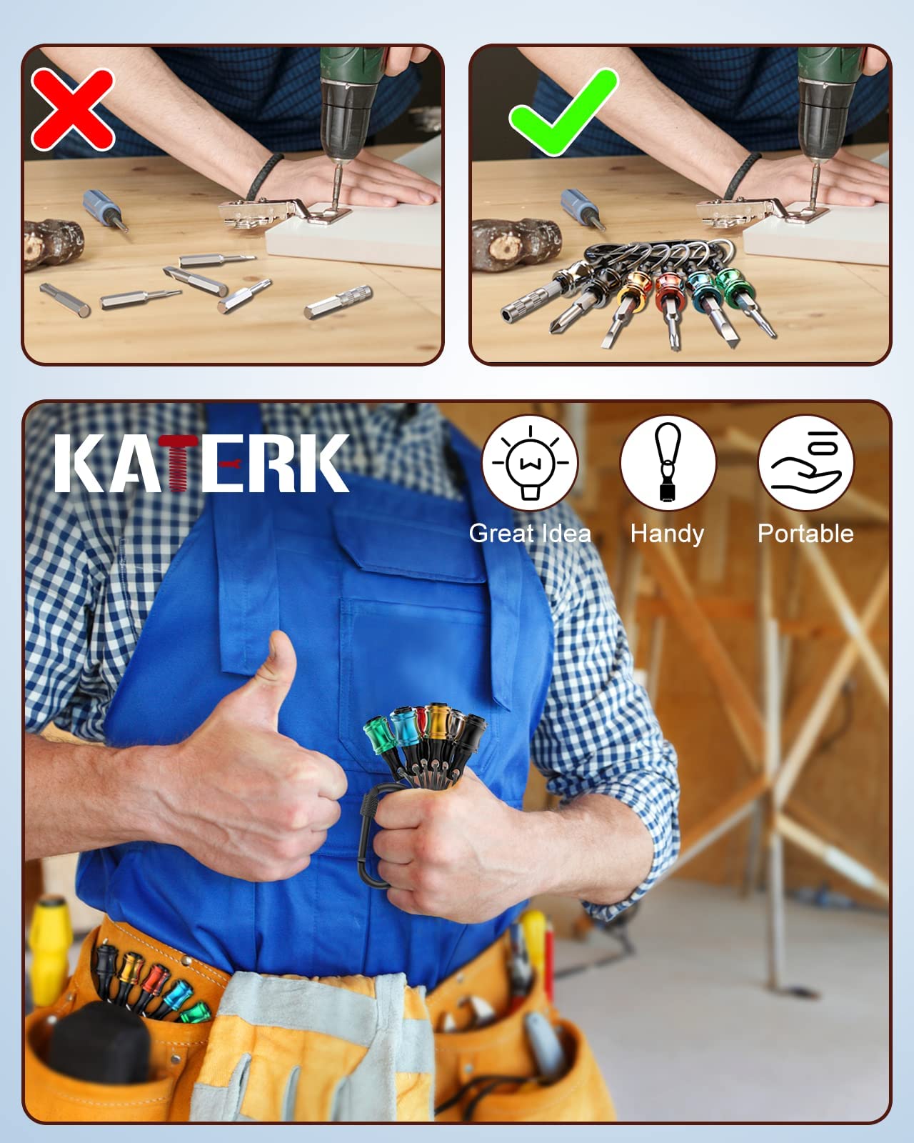 Katerk 12pc Portable Bit holder Key chain, 1/4 inch Hex Shank Screwdriver Bit Clip for Impact Driver Drill Bit Extension Nut Driver W/Black Carabiner, Quick Release Lightweight Drill Screw Adapter