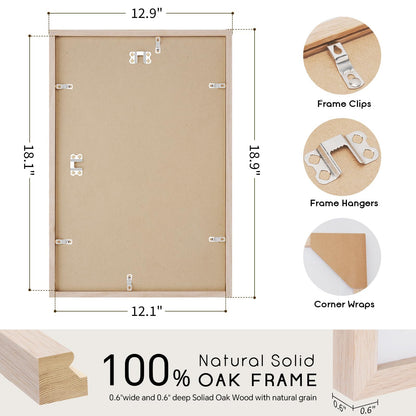 puthiac 12x18 Solid Oak Wood Picture Frame, Fits 8x12 with Mat or 12x18 Without Mat, Wall Display Only, Vertical or Horizontal, Plexi Front, 1 Pack, Natural Oak