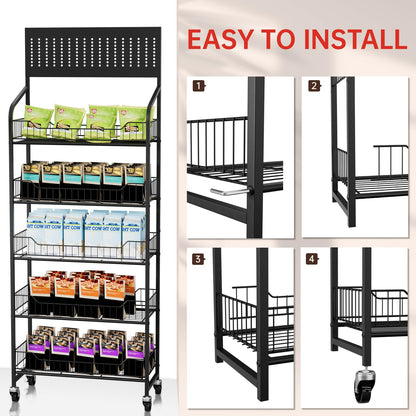5-Tier Metal Display Rack Large Snack Shelving Unit with Hanging Panels and 12 Hooks 4 Casters for Easy Mobility Freestanding Display Unit Ideal for Supermarkets and Retail Stores (65.23H*23.8W*10.4D)