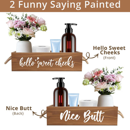 DOFAFALA MayAvenue Farmhouse Bathroom Decor Box Hello Sweet Cheeks Double Sided Wooden Toilet Paper Holder Tissue Box with Handles, Bathroom Signs (Brown)