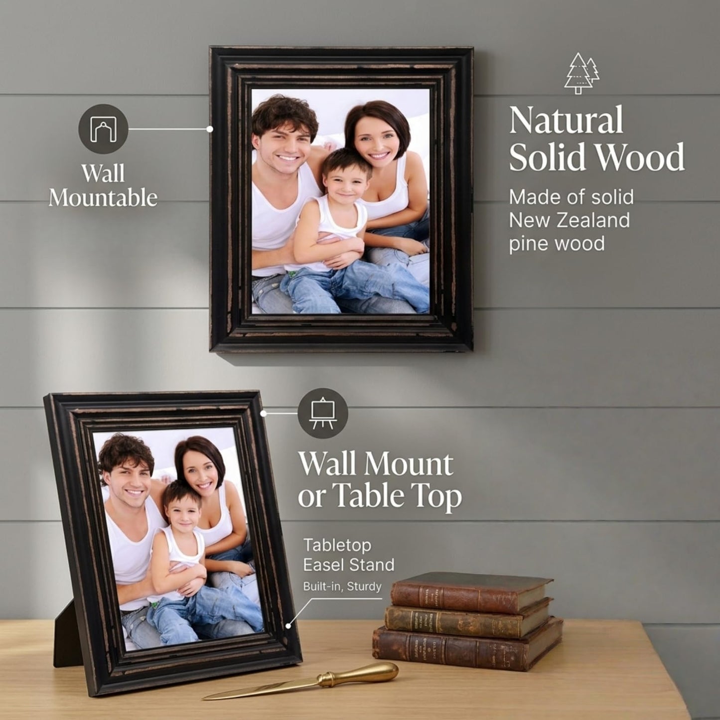 Bamber Wood 8x10 Picture Frames Set Black Rustic Wooden Vintage Retro Photo Frame for Wall and Tabletop Wedding Family, Pack of 3
