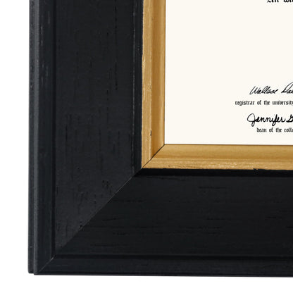 GMFrames 8.5x11 Wood Diploma Frame with Green Mat or Display 11x14 Certificates without Mat,Tempered Glass,Rustic Black Finish with Gold Trim