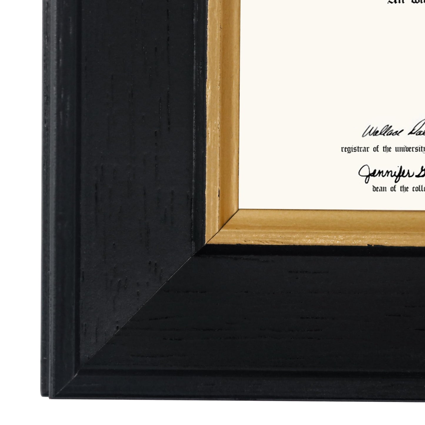 GMFrames 8.5x11 Wood Diploma Frame, Tempered Glass, Rustic Black Finish with Gold Trim