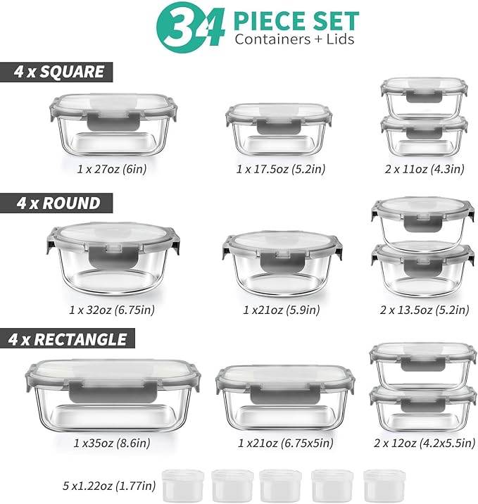 34pcs Glass Food Storage Containers
