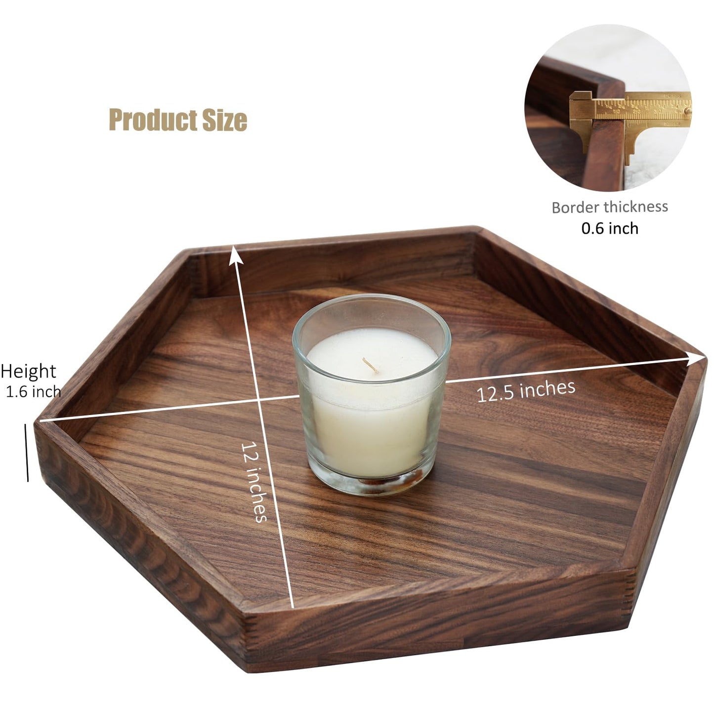 MAGIGO 12 Inches Small Hexagonal Black Walnut Wood Ottoman Tray with Handles, Serve Tea, Coffee Classic Wooden Decorative Serving Tray