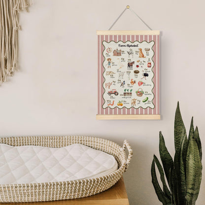 Qvapt Farm Alphabet Pink Wall Art Poster Hanger Frame, Farmhouse Animal ABC Educational Wall Art With Wooden Poster Hanger for Toddler Room Classroom Nursery Playroom Decorations, 12x16 Inch