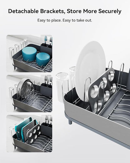 SUNLY Expandable Dish Drying Rack, Versatile Brackets for Pots & Pans, Space Saving Kitchen Drying Rack, Dish Racks for Kitchen Counter, Stainless Steel Dish Drainers with Extendable Spout, Gray