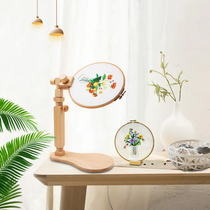 Adjustable Embroidery Hoop Stand Cross Stitch Stand Lap, Beech Wood Embroidery Hoop Holder Frame, Rotated Needlepoint Frame Stand for Art Craft Sewing Needlework Projects