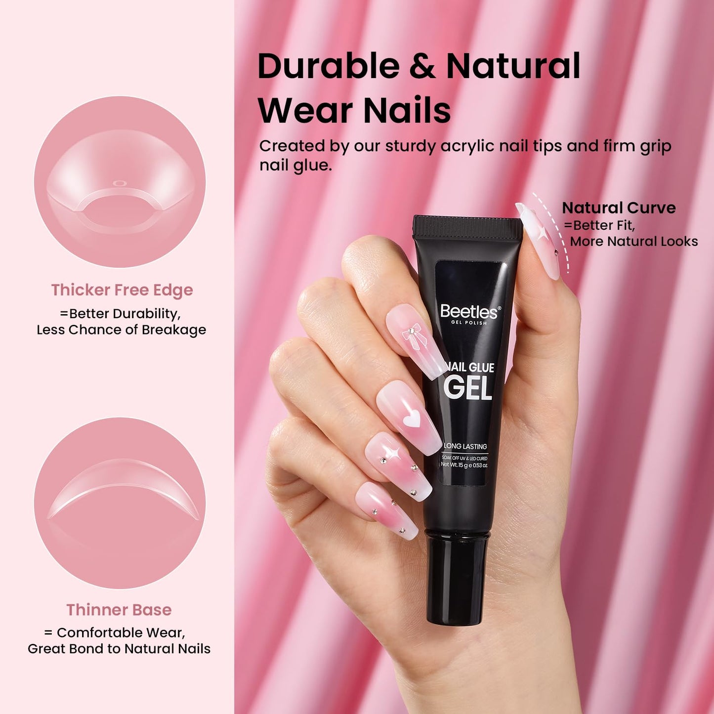 Beetles Gel Nail Kit Short Almond with Nail Dehydrator and Primer, 576Pcs Half Matte Etch-X Gel Nail Tips Solid Nail Glue Mini Nail Lamp Acrylic Nail Tips Easy DIY Nail Extension Set Gift for Women