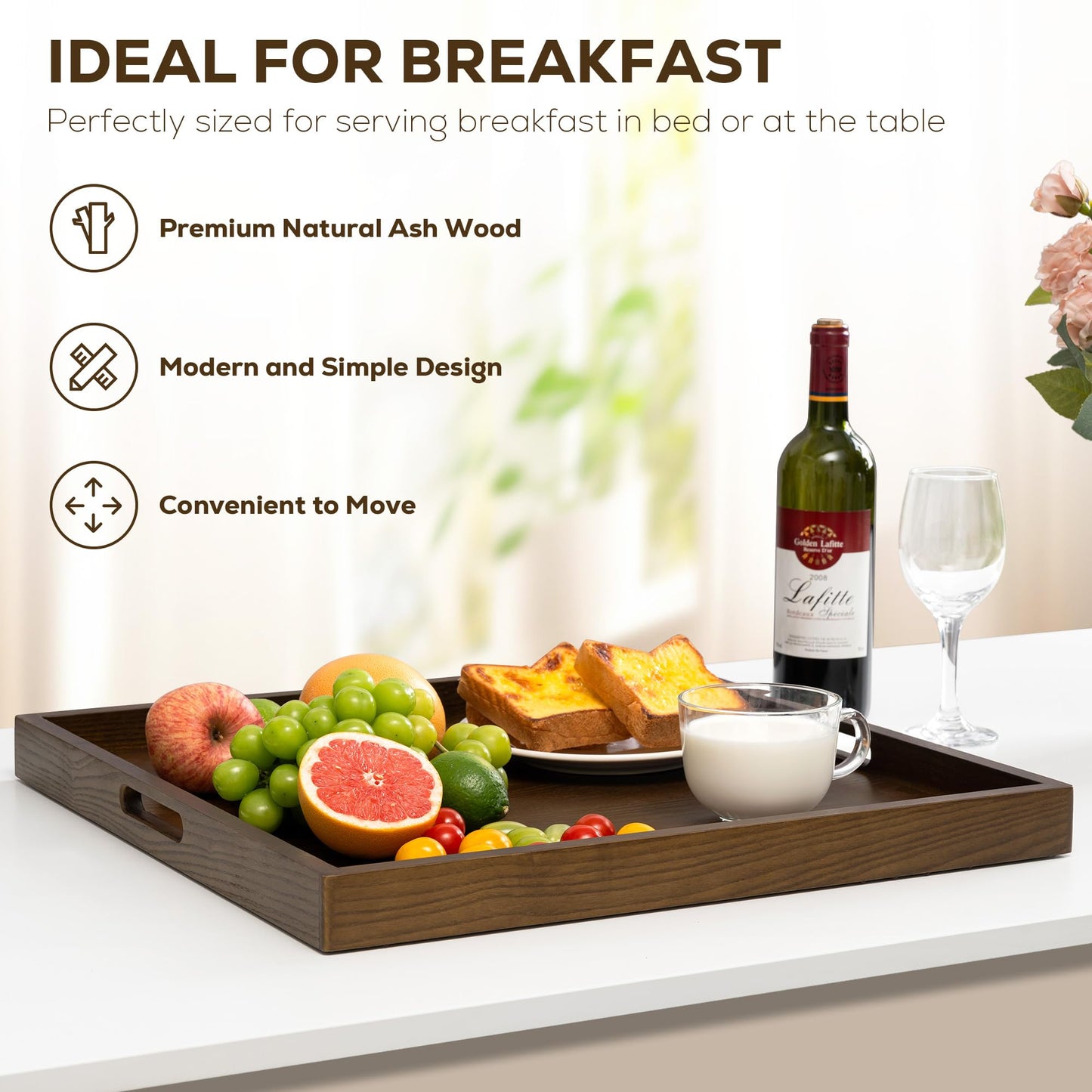 Axeman 22 Inch Large Square Wooden Ottoman Tray for Living Room|Extra Large Serving Tray with Handles for Coffee Table, Breakfast|Decorative Wood Tray for Ottoman Couch Sofa Kitchen|Walnut