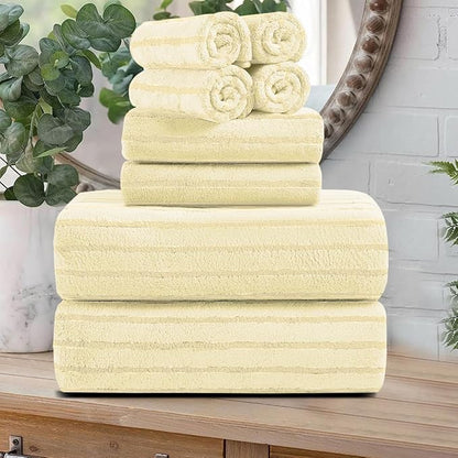 8 Pcs Light Yellow Cabana Stripe Bath Towel Set Oversize Bath Sheet-2 Bathroom