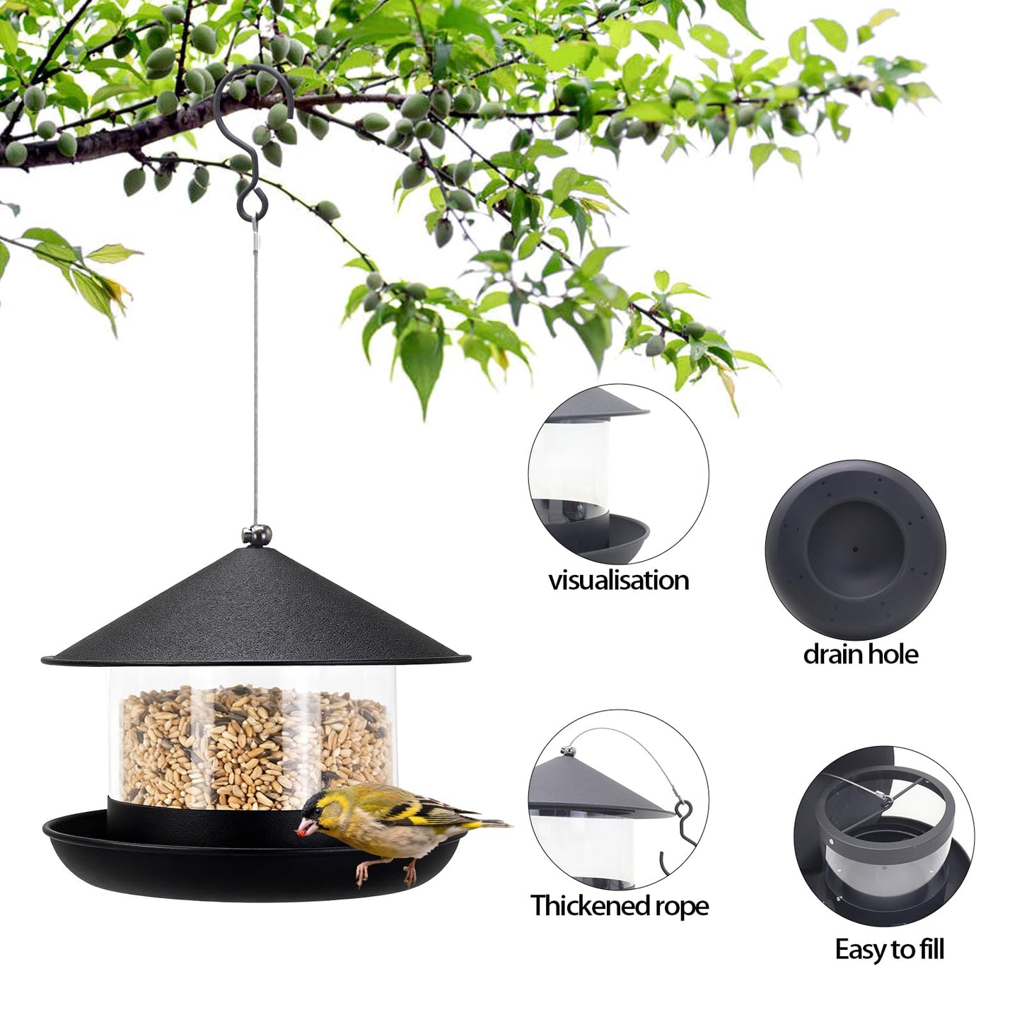 QZLOHOM Wild Bird Feeder, Large Capacity Hanging Bird Feeder with Multiple Suspension Options, Black (Black)